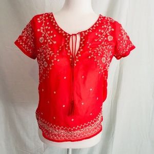 American Eagle XXS Blouse Boho Indian Tie Neck